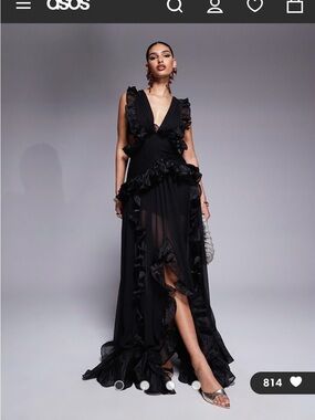 ASOS Black Ruffle V-Neck Sheer Maxi Dress